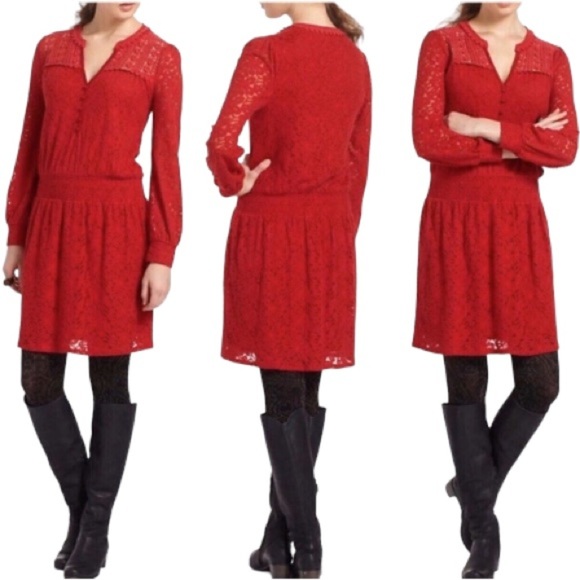 🆕 Anthropologie Leifnotes Red Lace Long Sleeved Dress - Women’s Size Medium - Picture 1 of 6